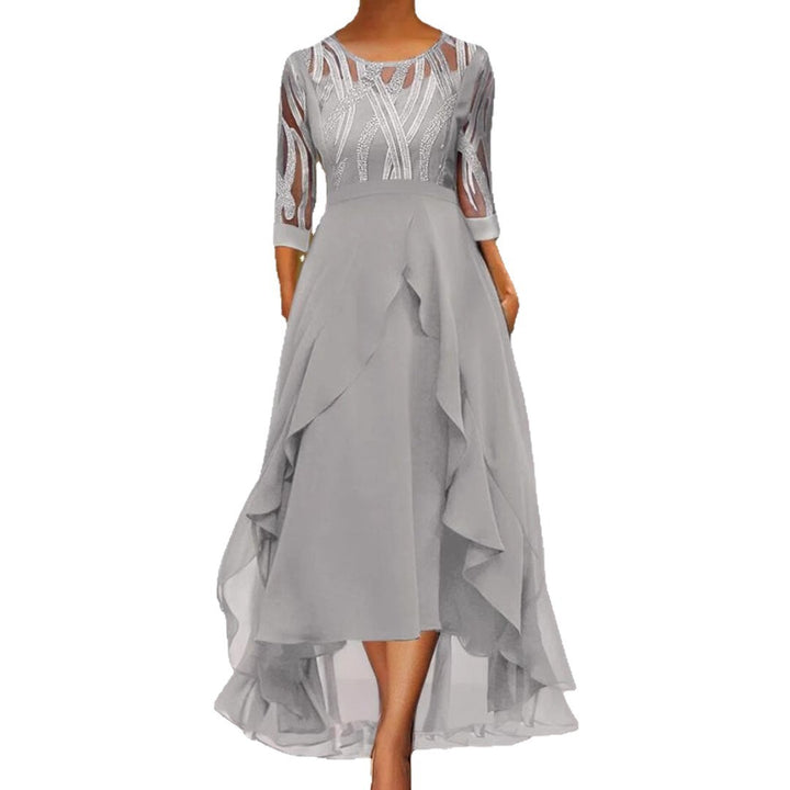 Women's elegant chiffon evening dress with embroidered tulle bodice, three-quarter sleeves, and asymmetric tiered hem StylebySassy