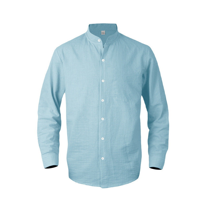 Men's striped stand-up collar shirt made of linen-cotton blend with button placket StylebySassy