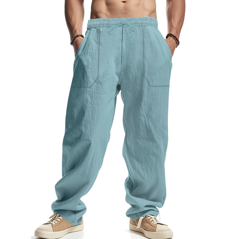 Men's casual linen trousers with elastic waistband, drawstring, and large side pockets StylebySassy