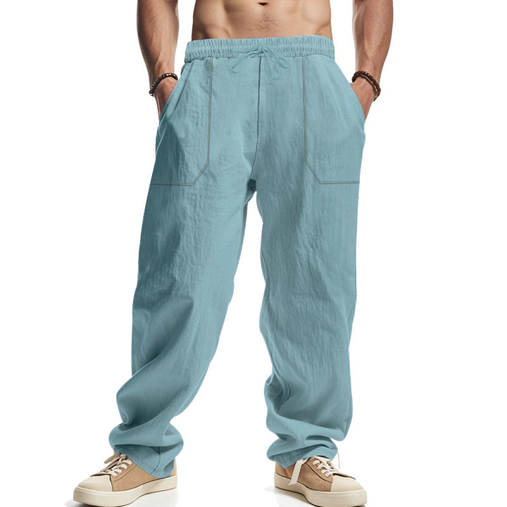 Men's casual linen trousers with elastic waistband, drawstring, and large side pockets StylebySassy