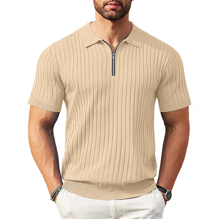 Men's elegant structured short sleeve knit polo with short metal zipper and shirt collar StylebySassy