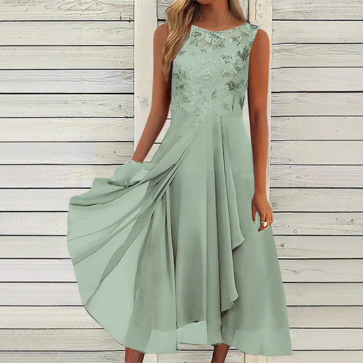 Women’s sleeveless chiffon midi dress with embroidered bodice and asymmetric layered skirt StylebySassy