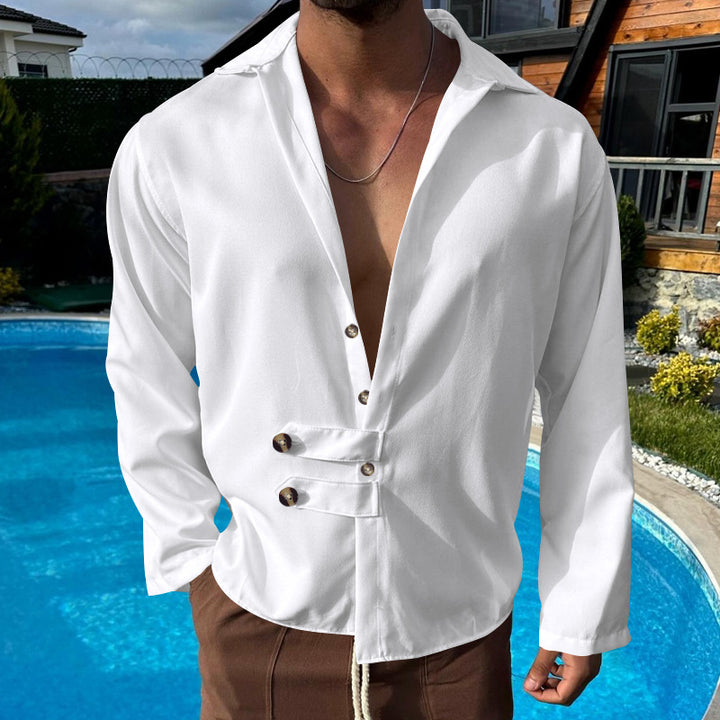 Men's modern long-sleeved shirt with deep neckline and asymmetrical strap look StylebySassy