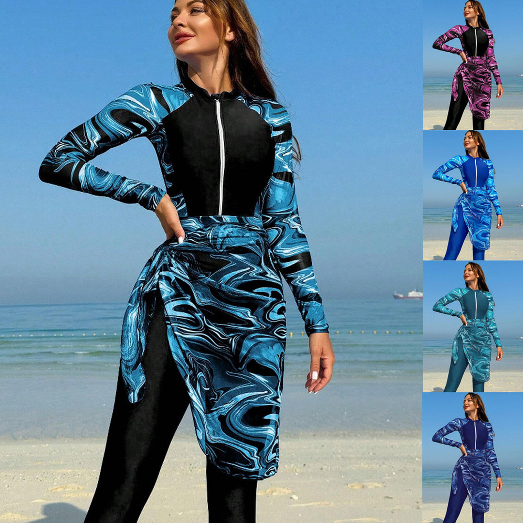 Women's Sporty Long Sleeve Swimsuit with Integrated Wrap Skirt StylebySassy