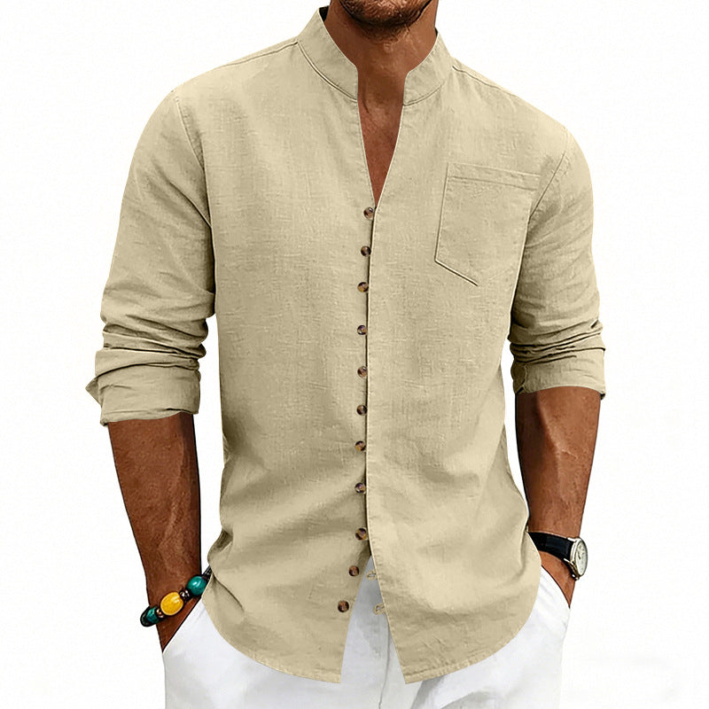 Men's lightweight linen shirt with stand-up collar, full button placket, and patch chest pocket StylebySassy