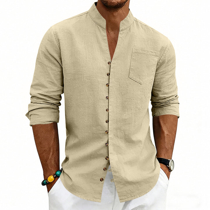 Men's lightweight linen shirt with stand-up collar, full button placket, and patch chest pocket StylebySassy