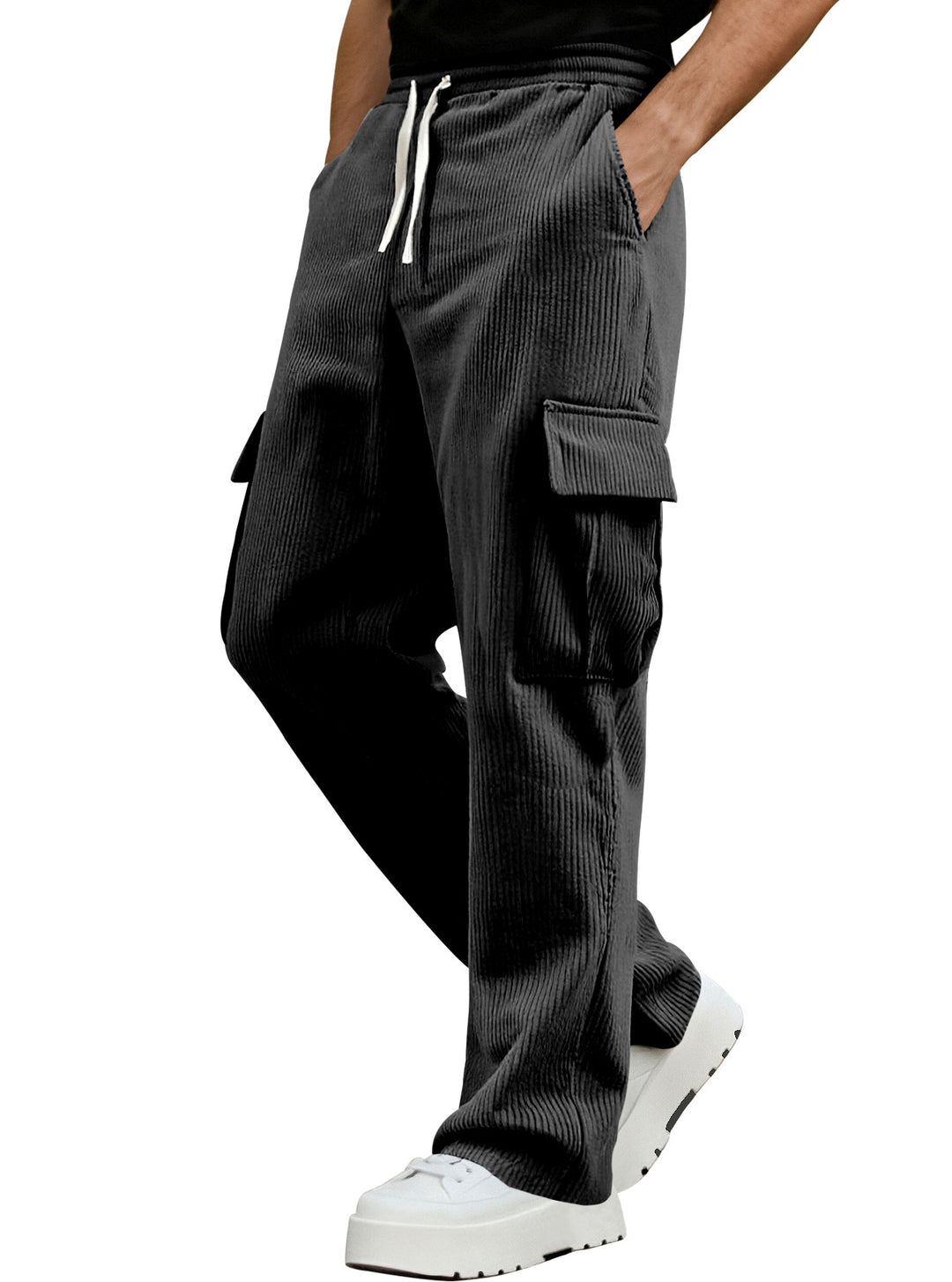 Men's casual corduroy cargo pants with elastic drawstring waist, straight leg, and flap pockets StylebySassy