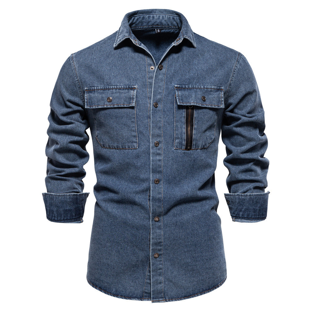 Men's tailored denim shirt with Kent collar, patch chest pockets and contrast stitching StylebySassy