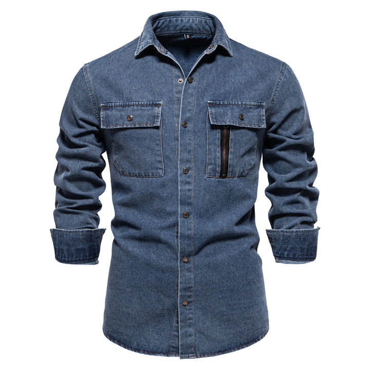Men's tailored denim shirt with Kent collar, patch chest pockets and contrast stitching StylebySassy