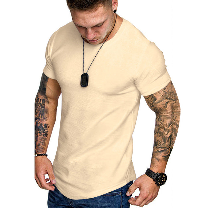 Men's figure-hugging round neck shirt with athletic cut elastic cotton-elastane mix and rounded hem StylebySassy