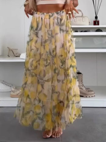 Women's flowing maxi skirt with layered chiffon overlay, elastic waistband and fine floral print StylebySassy