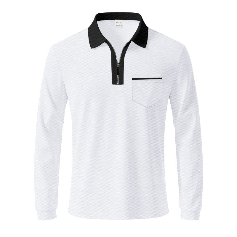 Men's long-sleeved polo with half zip, patch chest pocket, and fine structure jersey quality StylebySassy