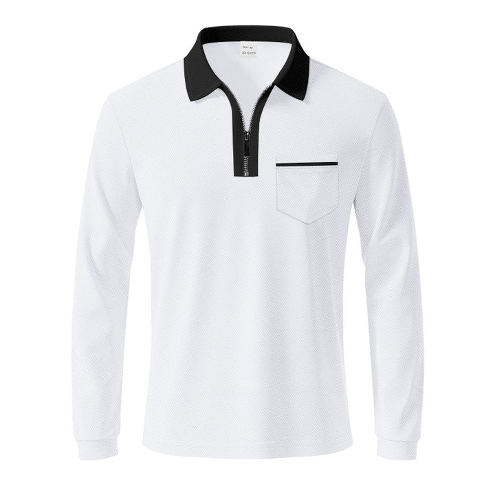 Men's long-sleeved polo with half zip, patch chest pocket, and fine structure jersey quality StylebySassy