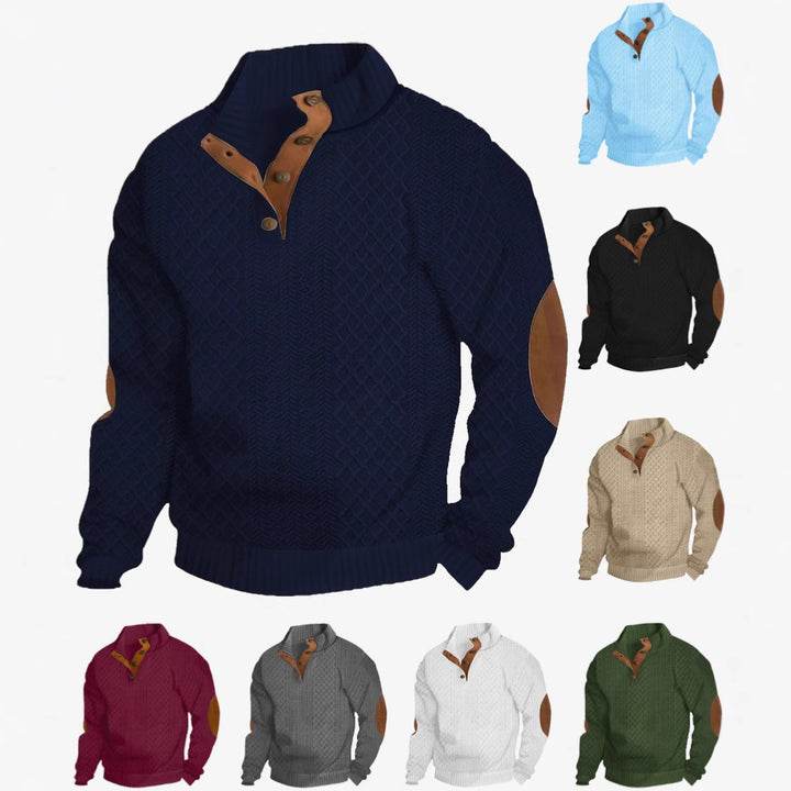 Men's chunky knitted sweater with elbow patches, stand collar and button placket StylebySassy