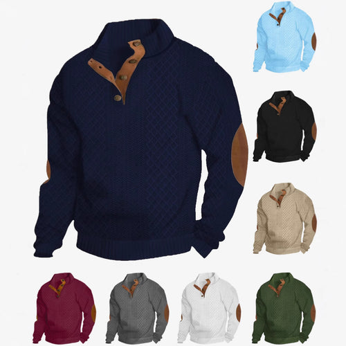Men's chunky knitted sweater with elbow patches, stand collar and button placket StylebySassy