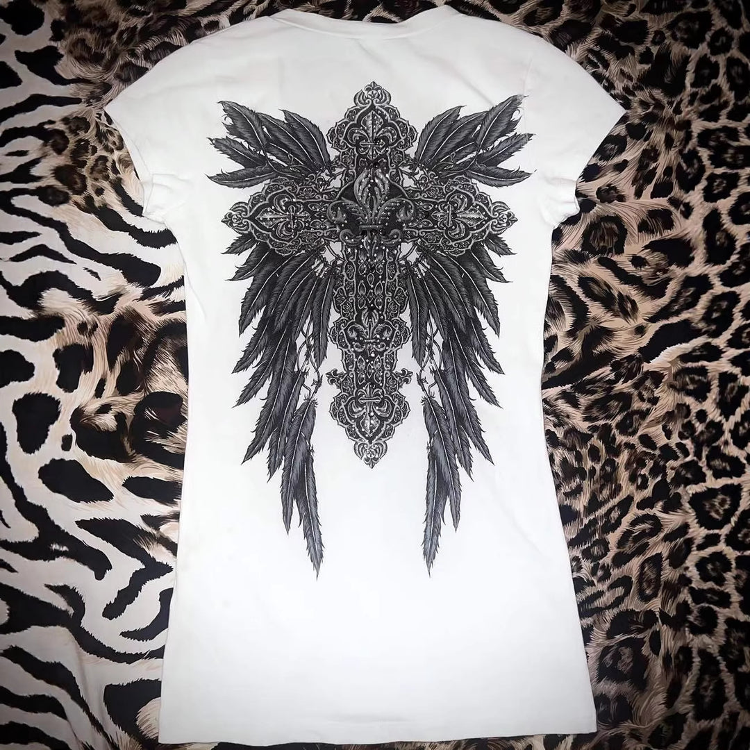 Women V-Neck T-Shirt with Artistic Cross Design StylebySassy