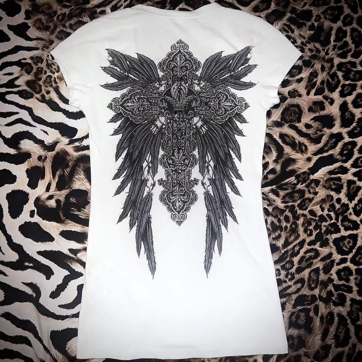 Women V-Neck T-Shirt with Artistic Cross Design StylebySassy