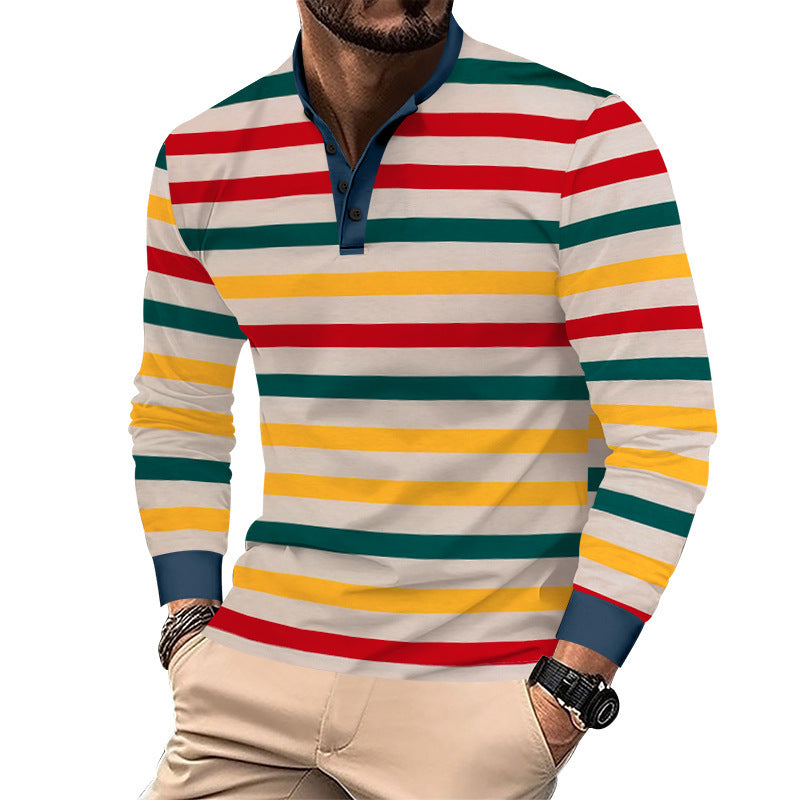 Men's striped long-sleeve Henley shirt with stand-up collar, slim fit and elastic cotton mix StylebySassy