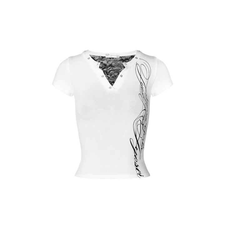 Women's short-sleeve top with sophisticated lace and print details StylebySassy