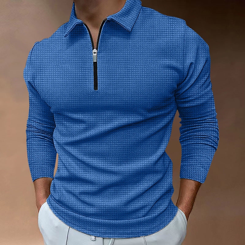Men's long-sleeved polo shirt with kent collar, short front zip and fine waffle texture StylebySassy