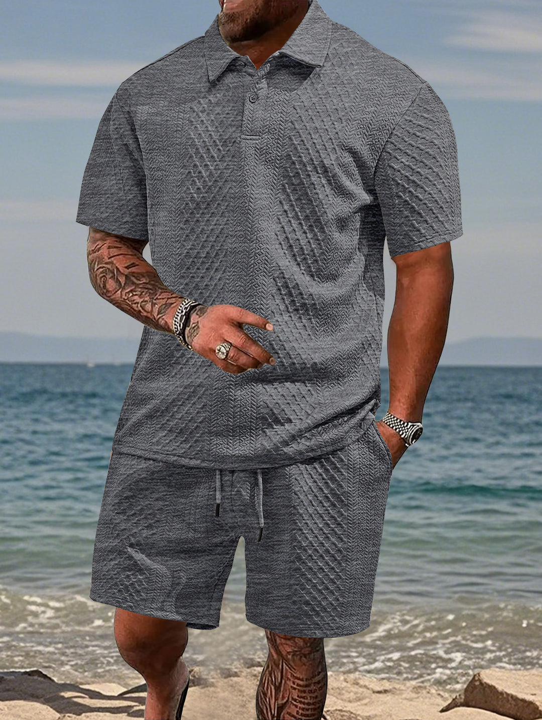 Men's embossed beach ensemble with open short sleeve shirt and cord Bermuda StylebySassy