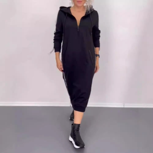 Women's ankle-length hooded sweatshirt dress with half zip, kangaroo pockets and side decorative piping StylebySassy