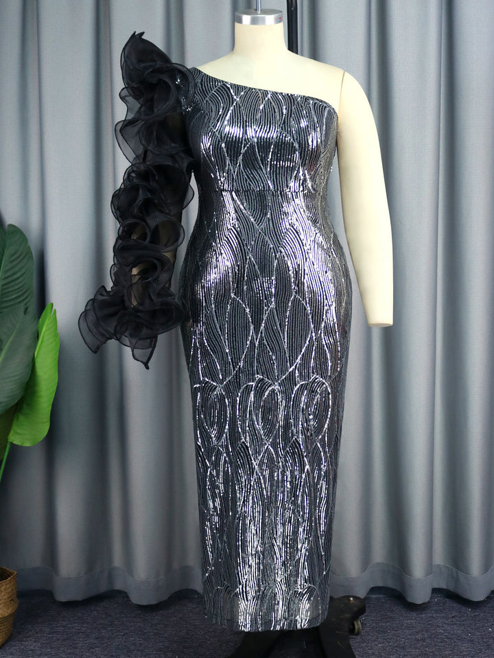 Women's Glittering Evening Dress with Asymmetrical Cut and Voluminous Ruffle Details StylebySassy