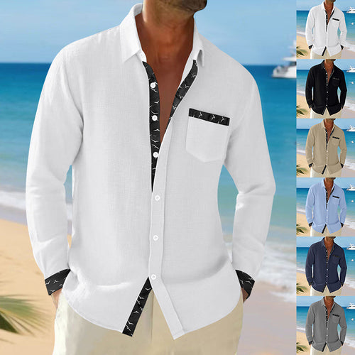 Men's casual linen blend shirt with contrasting trim on collar and cuffs as well as breast pocket StylebySassy
