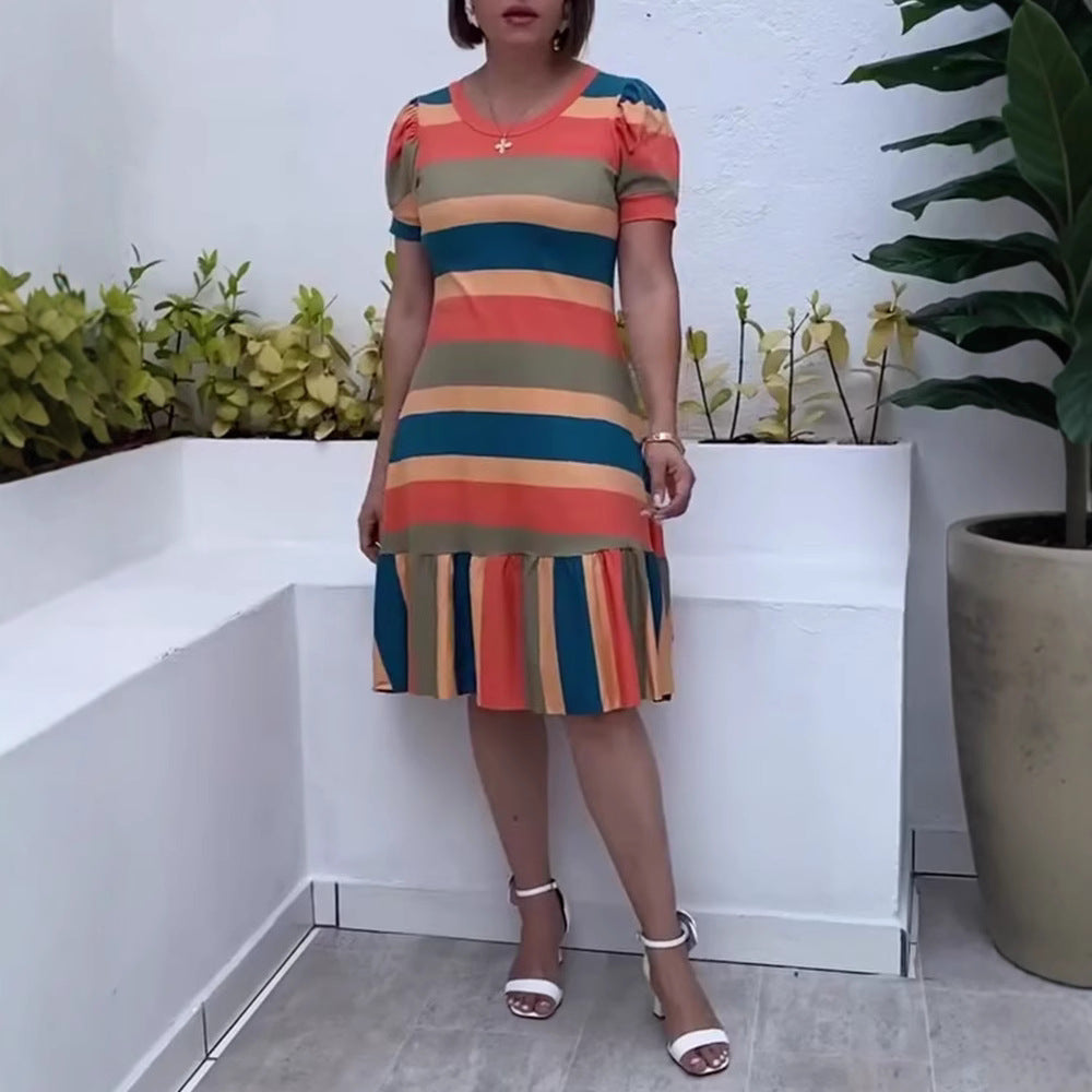 Women's striped jersey dress A-line cut with short puff sleeves and ruffle hem StylebySassy
