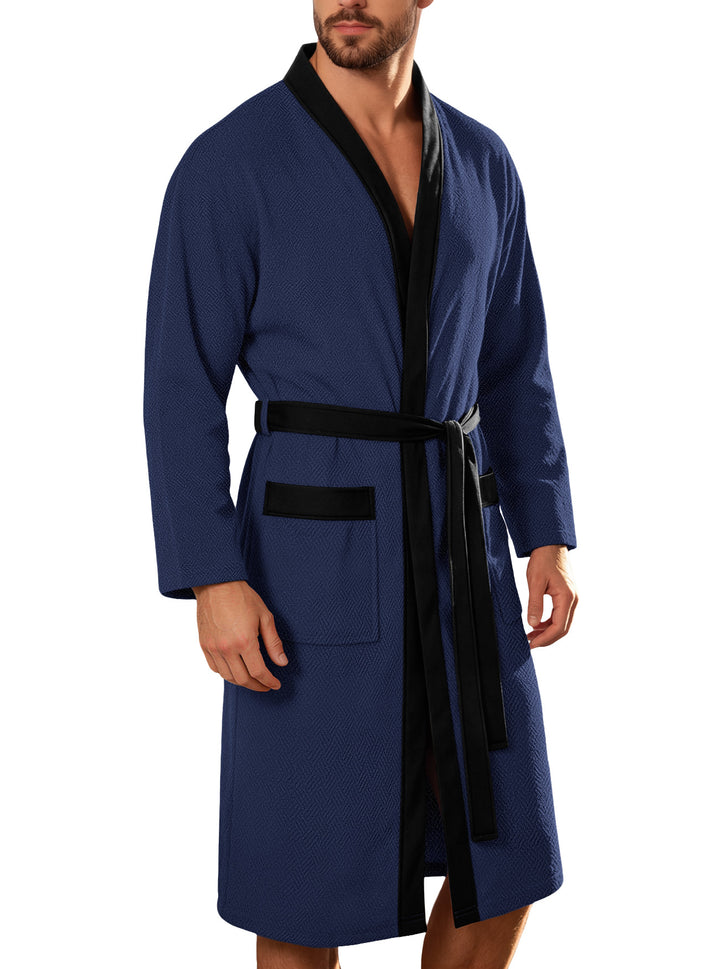 Men's lightweight cotton kimono bathrobe with waffle texture and patch pockets StylebySassy
