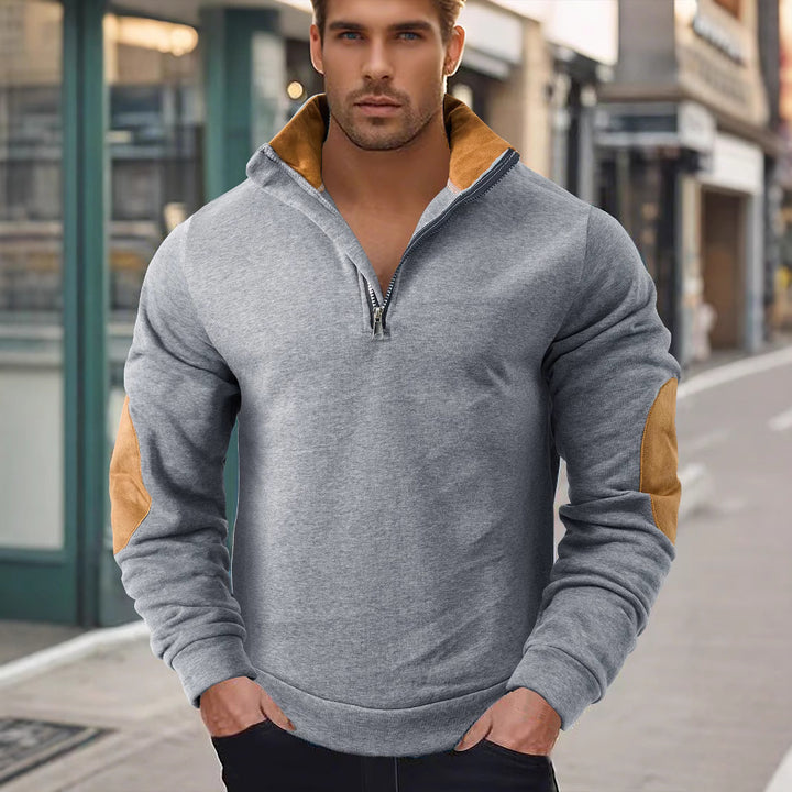 Men's short zip stand collar sweater with contrast collar and suede elbow patches StylebySassy