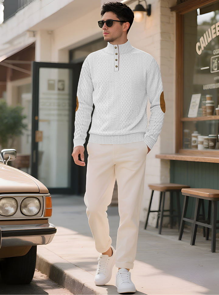 Men's noble button sweater in cable pattern with high stand-up collar and suede elbow patches StylebySassy