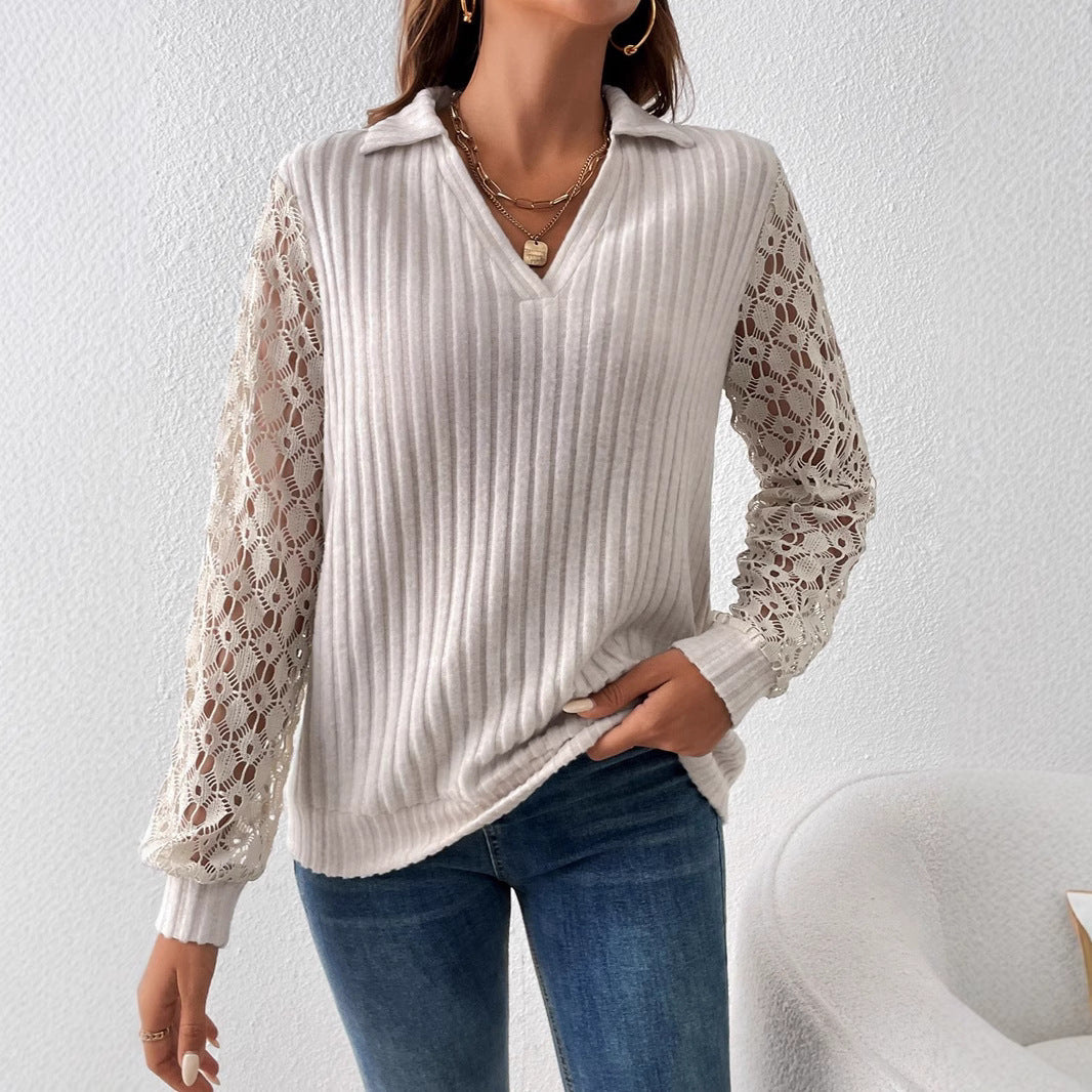 Women's ribbed fine knit polo with crochet sleeves and V-neck StylebySassy