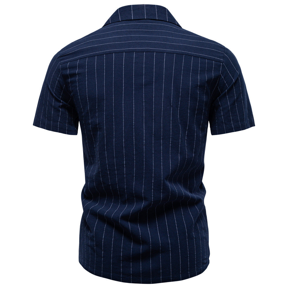 Men's lightweight short-sleeve shirt made of cotton-linen blend with notch collar and fine pinstripes StylebySassy