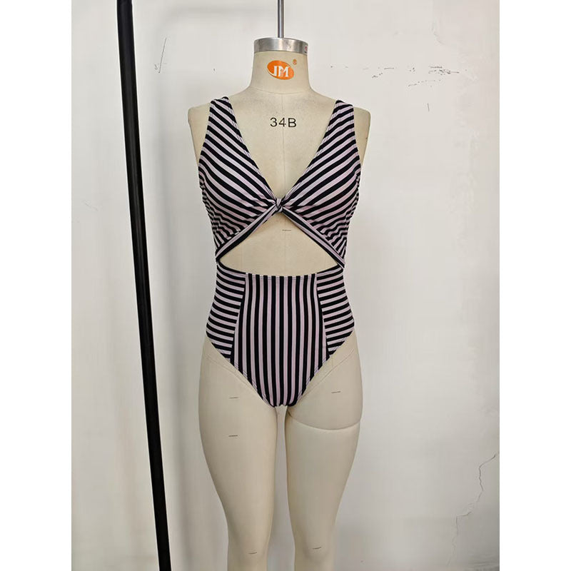 Women's One-Piece Swimsuit with Stylish Cut-Out and Stripe Pattern StylebySassy