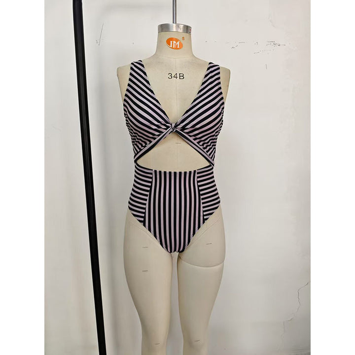 Women's One-Piece Swimsuit with Stylish Cut-Out and Stripe Pattern StylebySassy