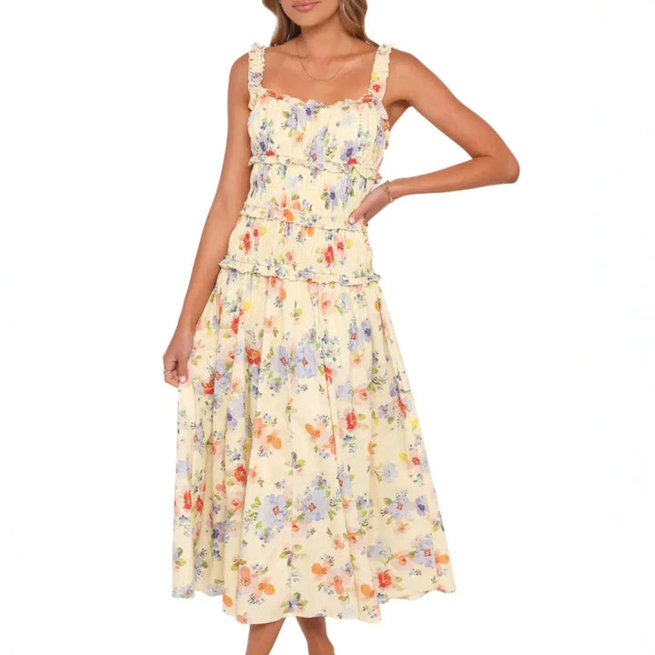 Women nan airy-light tiered midi dress with gathered bodice and ruffled straps StylebySassy