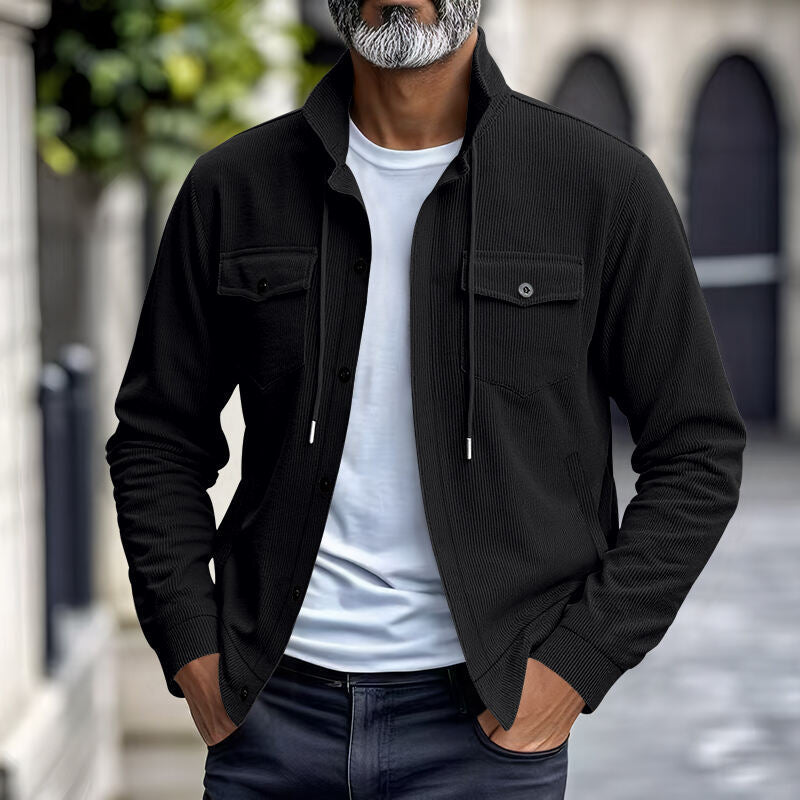 Men's functional cord shirt jacket with high stand collar, drawstring, and patch pockets StylebySassy