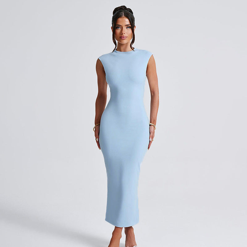 Women's fitted maxi dress with elegant stand-up collar StylebySassy