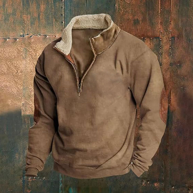 Men's Sherpa-lined half-zip pullover with stand-up collar and leather elbow patches StylebySassy