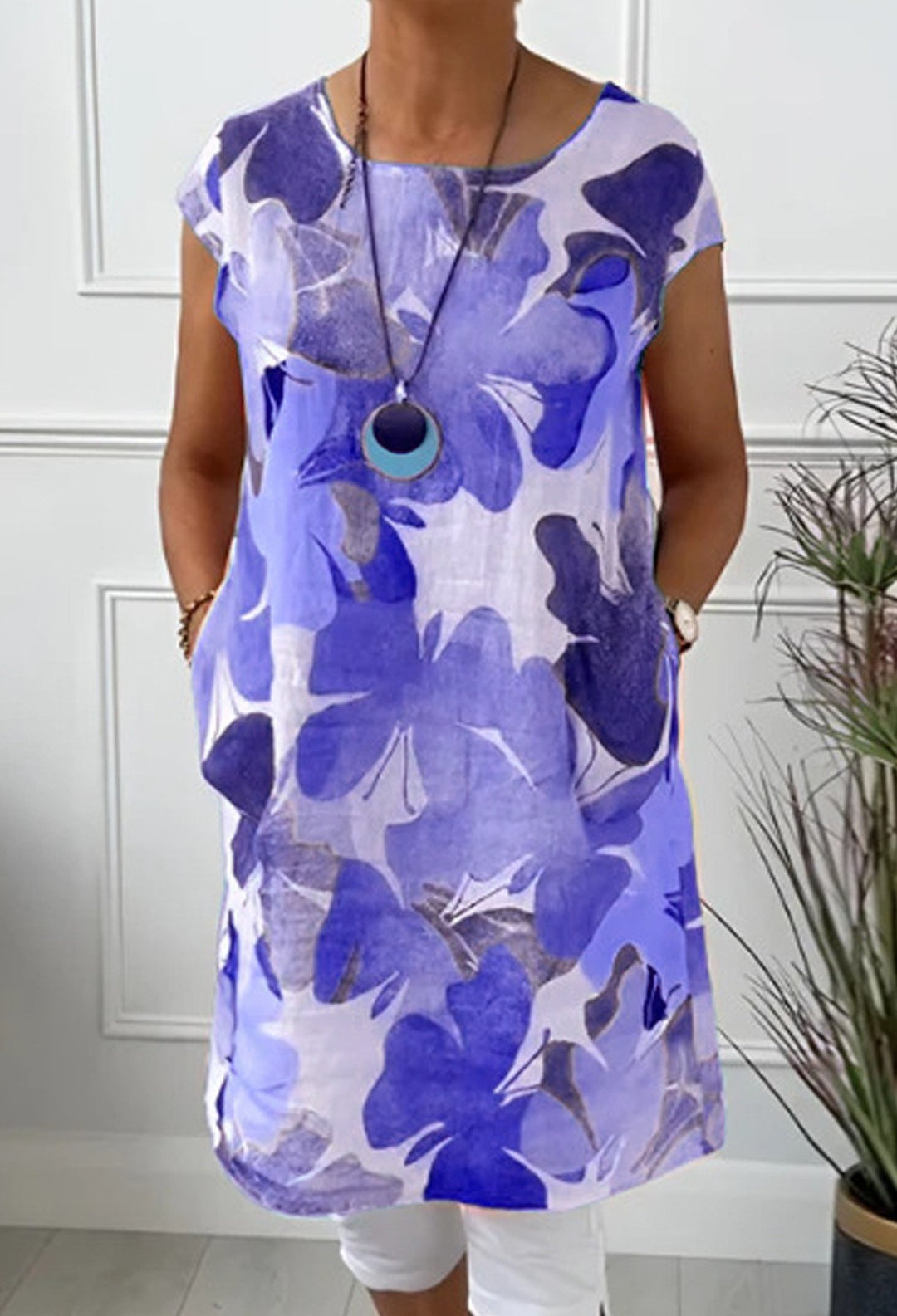 Ladies' airy tunic midi dress made of linen blend with watercolor flower print and side pockets StylebySassy