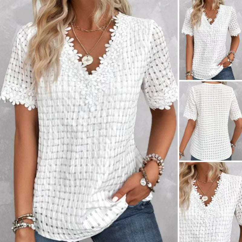 Women's lightweight structured shirt with check mesh, decorative lace trim at the V-neck and short sleeve hems StylebySassy