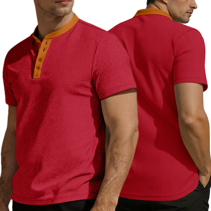 Men's slim short sleeve Henley polo shirt with Mandarin collar and fine jacquard texture StylebySassy