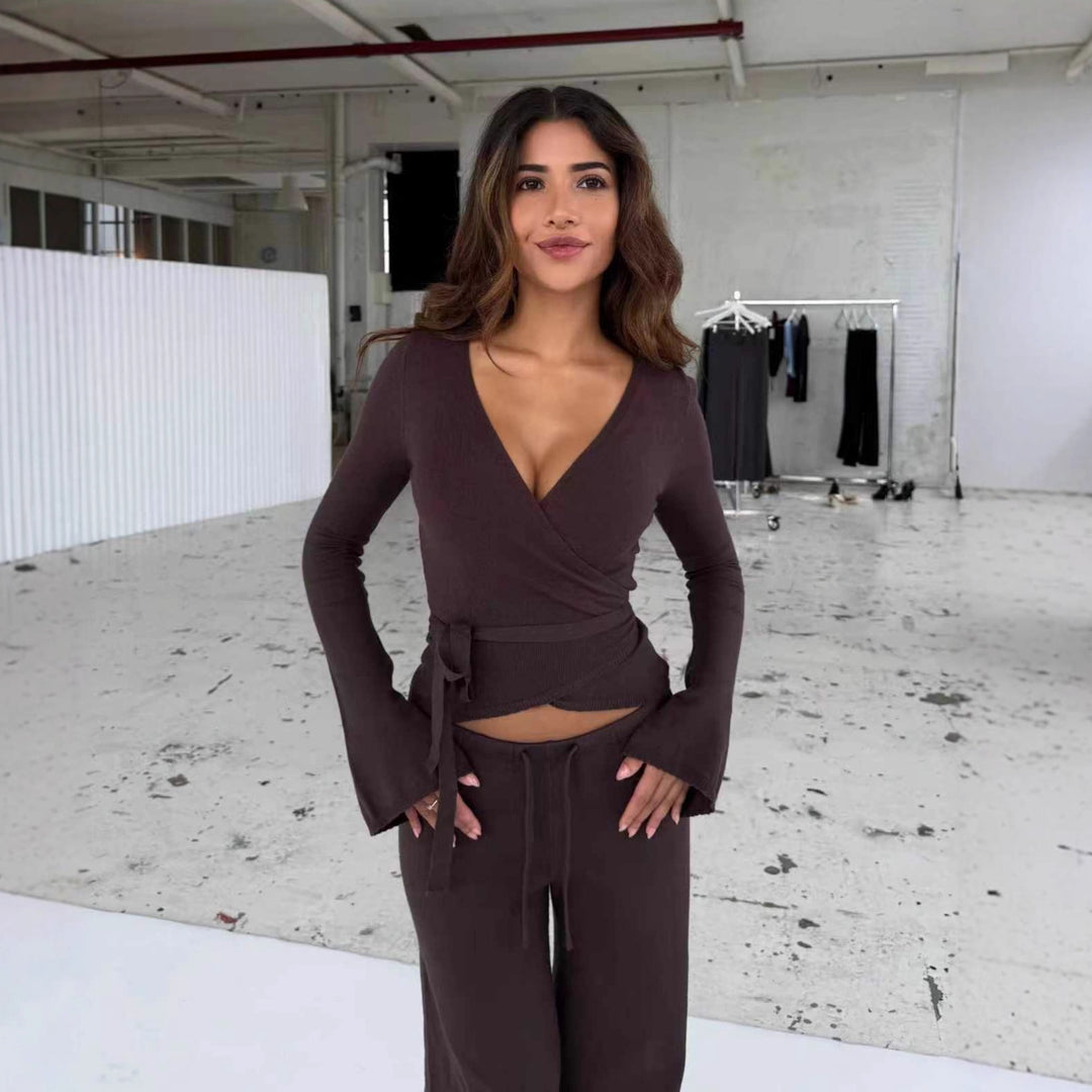 Ladies' fine knit wrap set with deep V-neck, waist tie belt and wide comfort pants StylebySassy