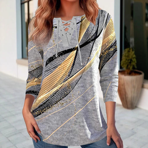 Women's long shirt with lace-up collar, three-quarter sleeves, and graphic metallic print StylebySassy