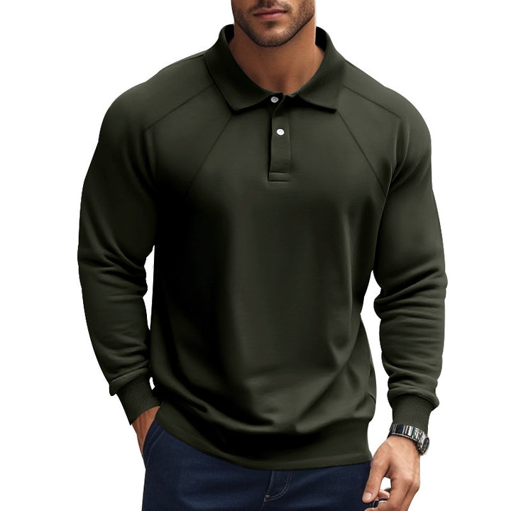 Men's long-sleeved polo shirt with raglan sleeves, short button placket and ribbed cuffs StylebySassy