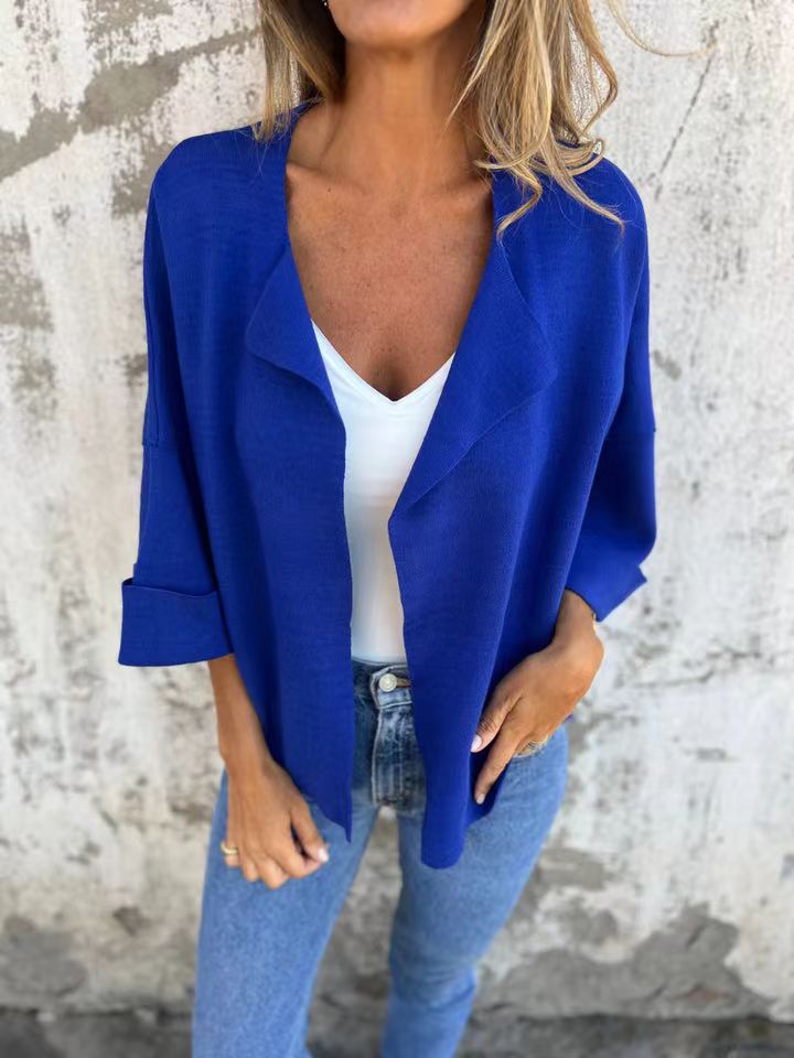 Women's light open knit cardigan with shawl collar, roll-up sleeves and boxy silhouette StylebySassy