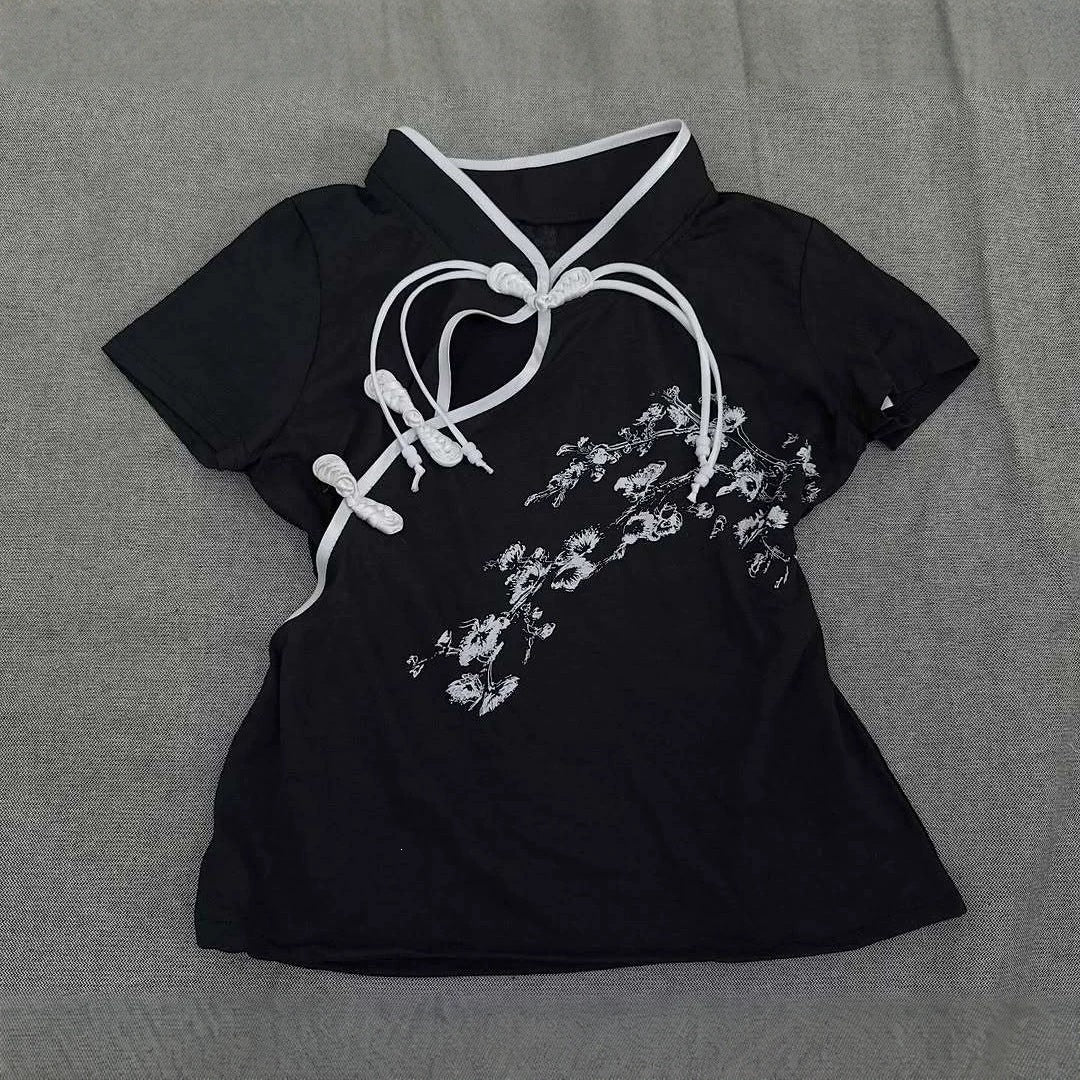 Women Modern Chinese Short Sleeve T-Shirt with Creative Knot Design StylebySassy