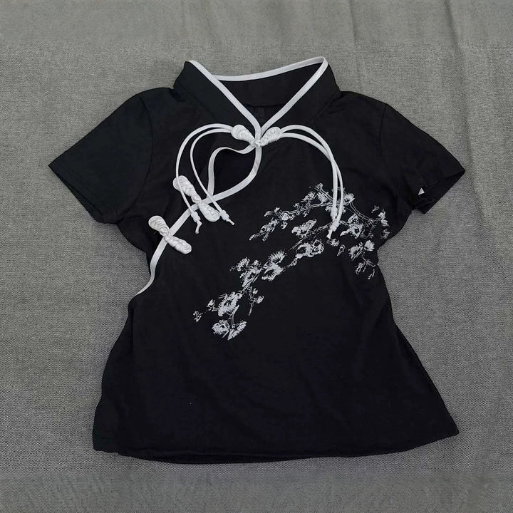 Women Modern Chinese Short Sleeve T-Shirt with Creative Knot Design StylebySassy