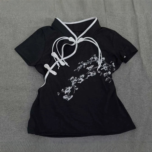 Women Modern Chinese Short Sleeve T-Shirt with Creative Knot Design StylebySassy